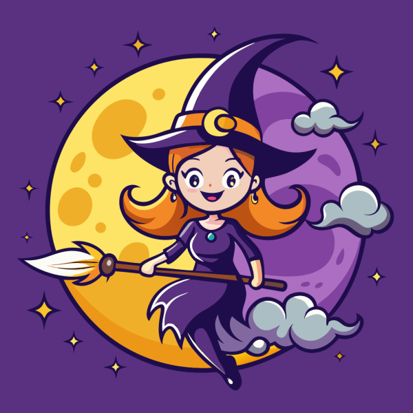 Plantilla Young Witch Flying On A Broomstick en PNG HD, alta calidad